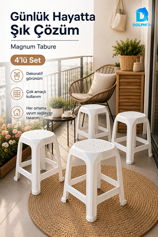 Magnum 4’lü Plastik Tabure Seti 45 cm Dayanıklı Kompakt Beyaz