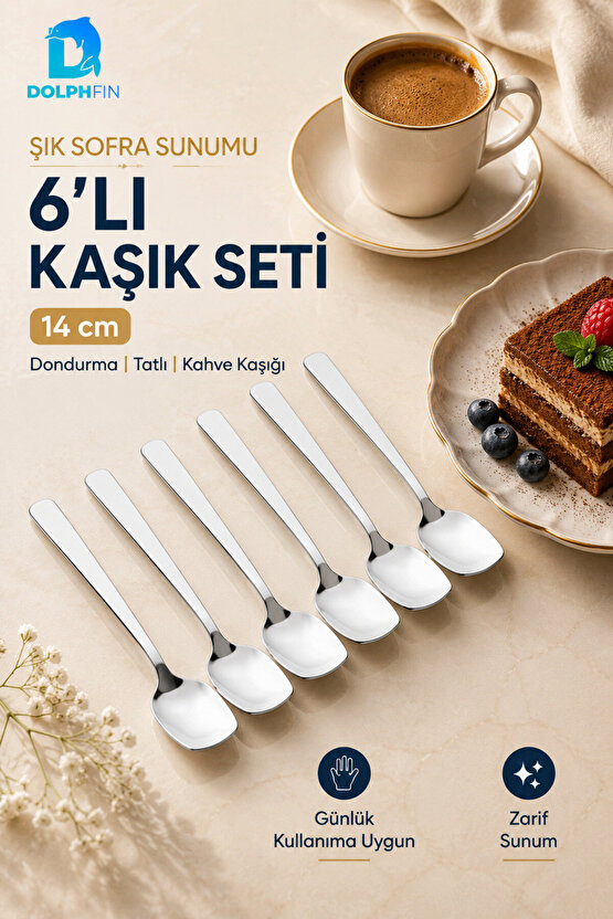 6’lı 14 cm Paslanmaz Çelik Tatlı Kaşığı Dondurma Kahve Kaşık Seti