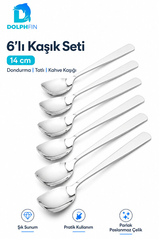 6’lı 14 cm Paslanmaz Çelik Tatlı Kaşığı Dondurma Kahve Kaşık Seti