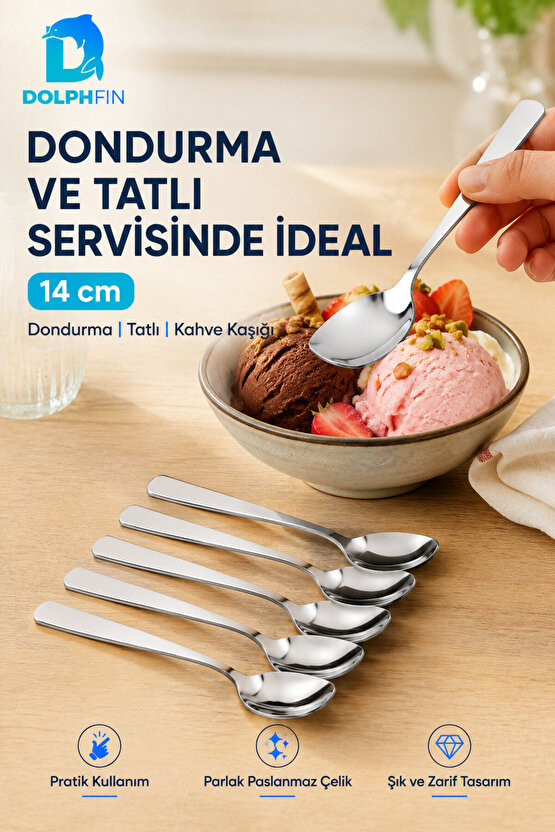 6’lı 14 cm Paslanmaz Çelik Tatlı Kaşığı Dondurma Kahve Kaşık Seti