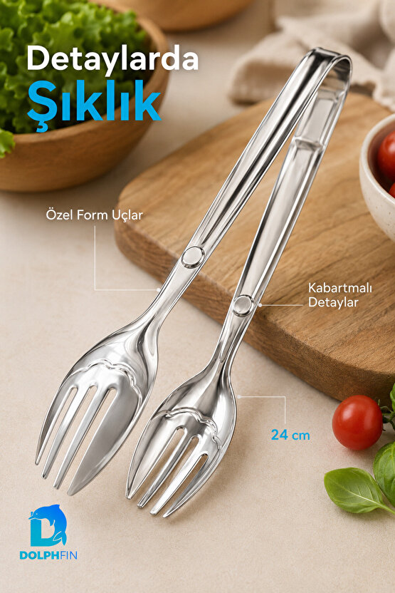 Lux 24 cm Paslanmaz Çelik Salata Maşası Kaşık Çatal Servis Maşası