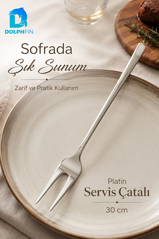 30 cm Platin Servis Çatalı Uzun Saplı İki Dişli Et Sunum Çatalı