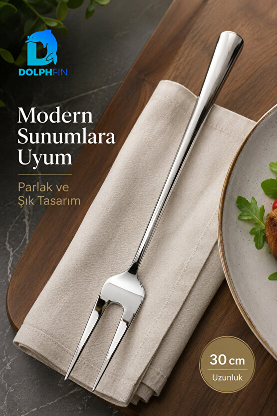 30 cm Platin Servis Çatalı Uzun Saplı İki Dişli Et Sunum Çatalı