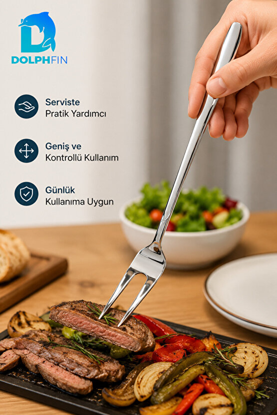 30 cm Platin Servis Çatalı Uzun Saplı İki Dişli Et Sunum Çatalı