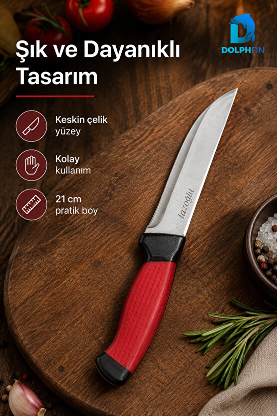 21 cm Paslanmaz Çelik Çok Amaçlı Mutfak Bıçağı Ergonomik Saplı Kırmızı Siyah