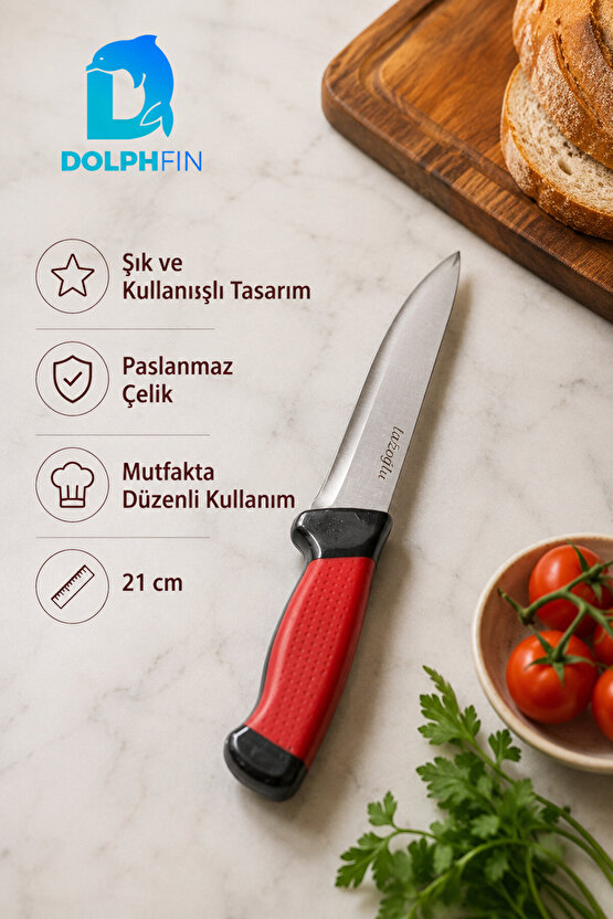 21 cm Paslanmaz Çelik Çok Amaçlı Mutfak Bıçağı Ergonomik Saplı Kırmızı Siyah