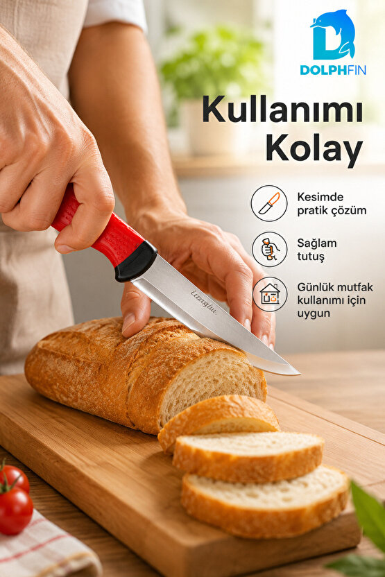 21 cm Paslanmaz Çelik Çok Amaçlı Mutfak Bıçağı Ergonomik Saplı Kırmızı Siyah