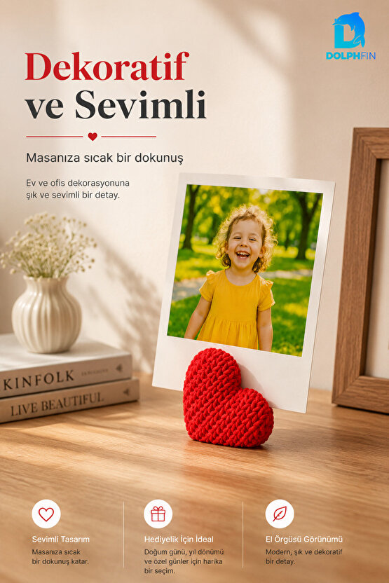 Örgü Görünümlü Kalp Fotoğraf Tutucu Masaüstü Dekoratif Hediye Kırmızı