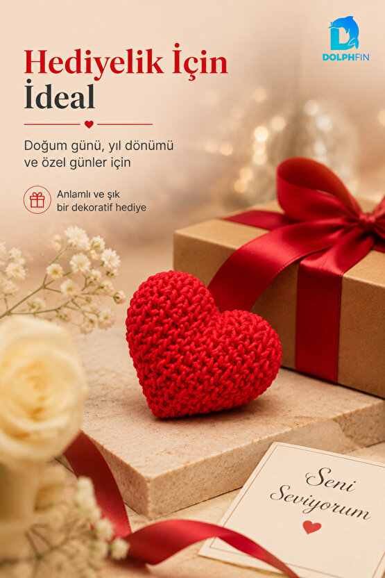 Örgü Görünümlü Kalp Fotoğraf Tutucu Masaüstü Dekoratif Hediye Kırmızı