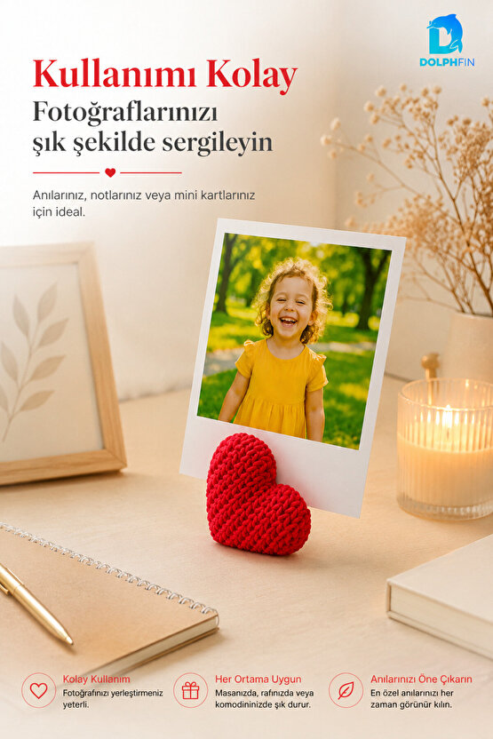 Örgü Görünümlü Kalp Fotoğraf Tutucu Masaüstü Dekoratif Hediye Kırmızı