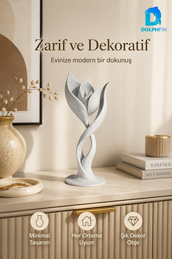 Lale Tasarımlı Dekoratif Biblo Modern Salon Ofis Raf Masaüstü Süsü Beyaz