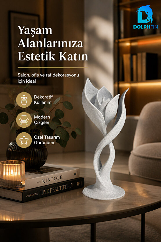 Lale Tasarımlı Dekoratif Biblo Modern Salon Ofis Raf Masaüstü Süsü Beyaz
