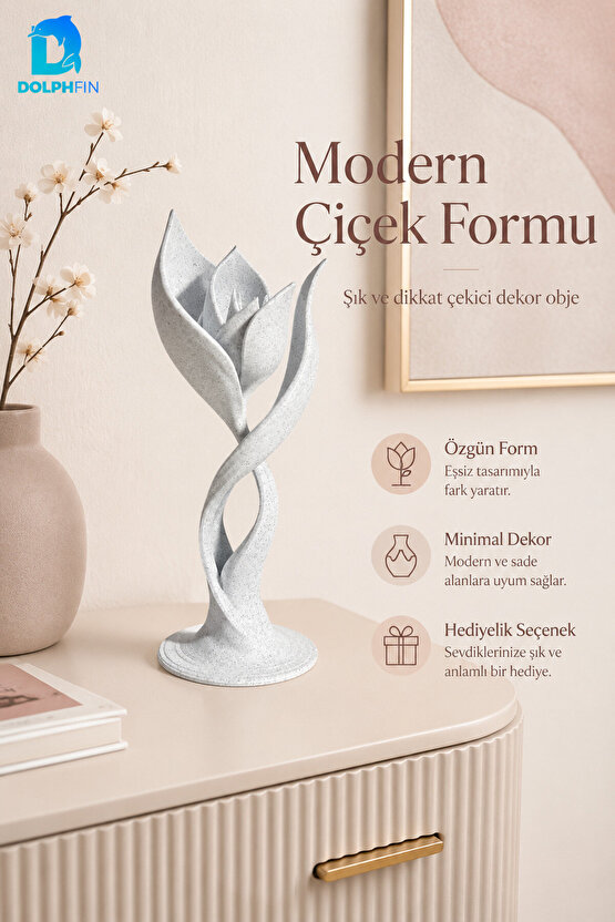 Lale Tasarımlı Dekoratif Biblo Modern Salon Ofis Raf Masaüstü Süsü Beyaz
