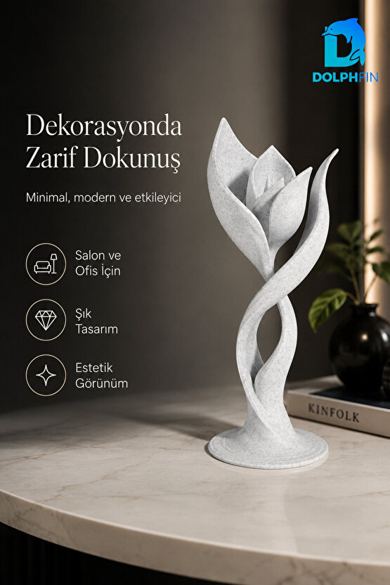 Lale Tasarımlı Dekoratif Biblo Modern Salon Ofis Raf Masaüstü Süsü Beyaz