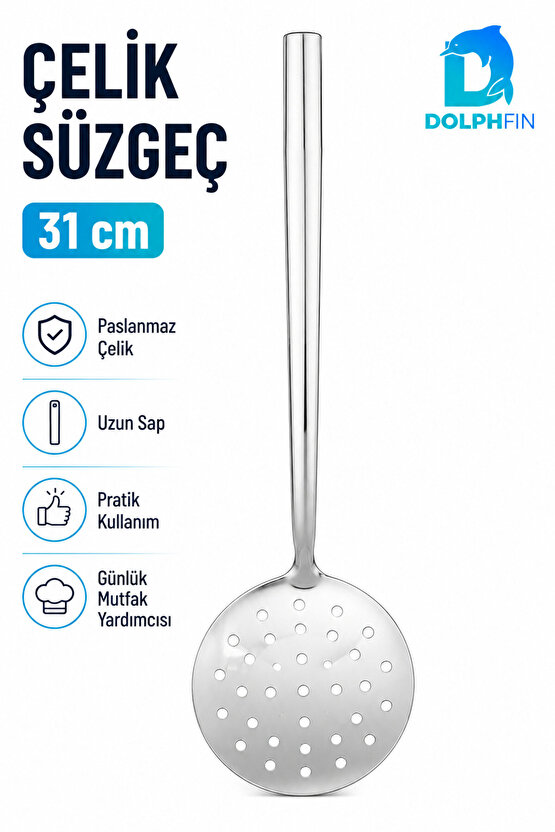Paslanmaz Çelik Kevgir Süzgeç 31 cm Uzun Saplı Delikli Servis Kaşığı