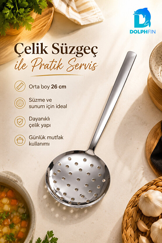 Paslanmaz Çelik Kevgir Süzgeç 26 cm Orta Boy Delikli Servis Kaşığı