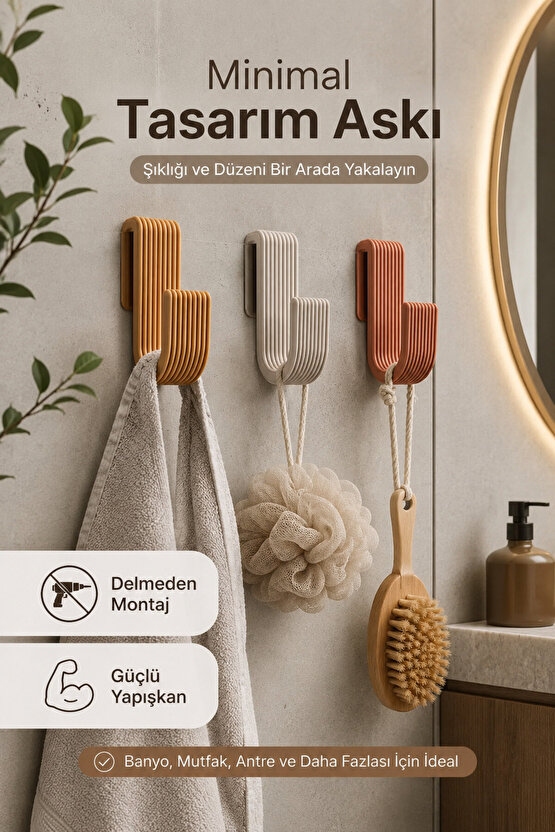 3lü Yapışkan Askı 8 mm Çok Amaçlı Banyo Mutfak Dolap Havlu ve Bez Askılığı