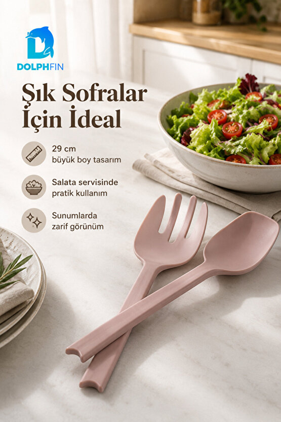 Salata Kaşık Çatal Seti 2’li Büyük Boy 29 cm Pudra Pembe Plastik Servis Kaşığı ve Çatalı