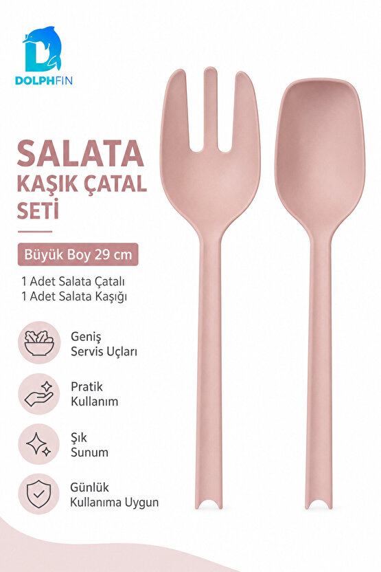 Salata Kaşık Çatal Seti 2’li Büyük Boy 29 cm Pudra Pembe Plastik Servis Kaşığı ve Çatalı