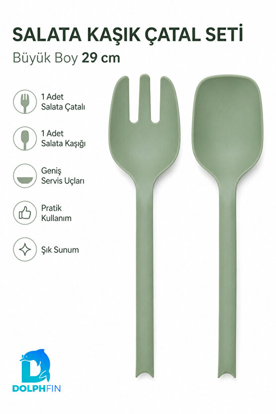 Salata Kaşık Çatal Seti 2’li Büyük Boy 29 cm Yeşil Plastik Servis Kaşığı ve Çatalı