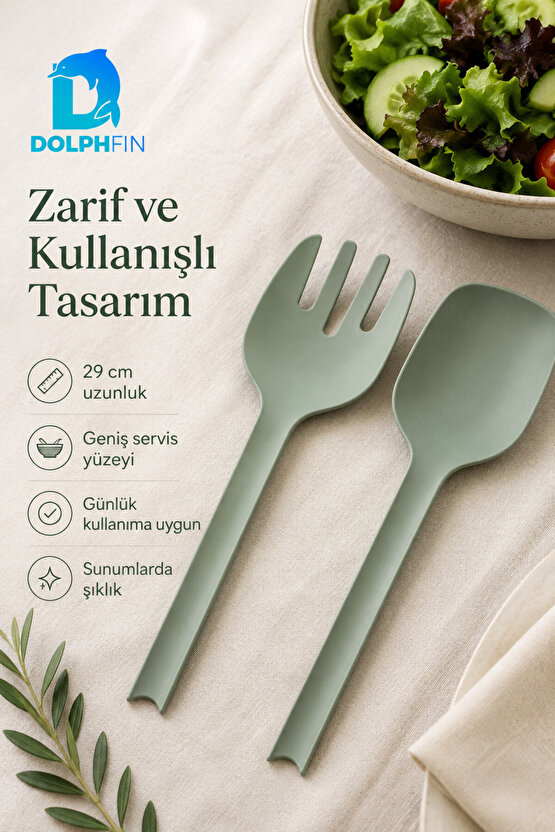 Salata Kaşık Çatal Seti 2’li Büyük Boy 29 cm Yeşil Plastik Servis Kaşığı ve Çatalı