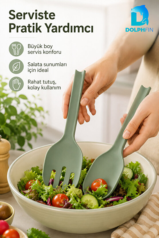 Salata Kaşık Çatal Seti 2’li Büyük Boy 29 cm Yeşil Plastik Servis Kaşığı ve Çatalı