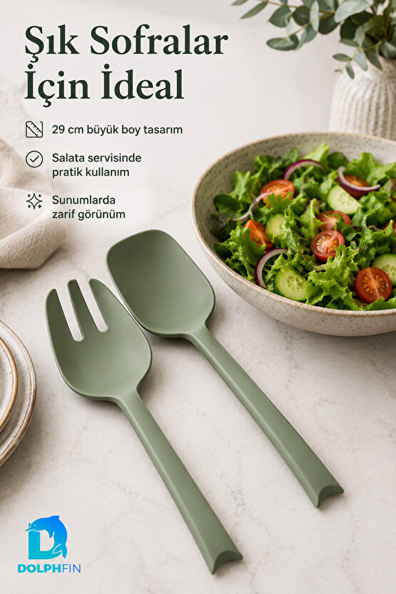 Salata Kaşık Çatal Seti 2’li Büyük Boy 29 cm Yeşil Plastik Servis Kaşığı ve Çatalı