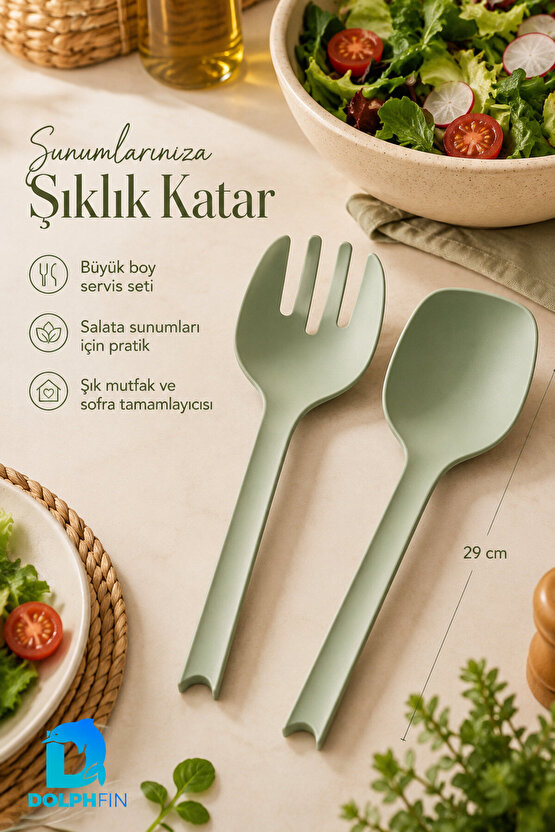 Salata Kaşık Çatal Seti 2’li Büyük Boy 29 cm Yeşil Plastik Servis Kaşığı ve Çatalı