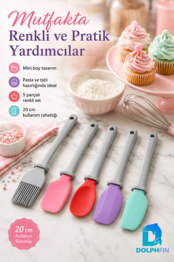 5’li Mini Şef Seti 20 cm Silikon Spatula Fırça Mutfak Yardımcı Pasta Hamur Seti