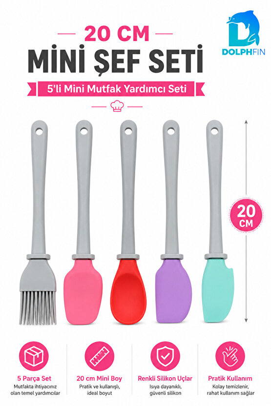 5’li Mini Şef Seti 20 cm Silikon Spatula Fırça Mutfak Yardımcı Pasta Hamur Seti