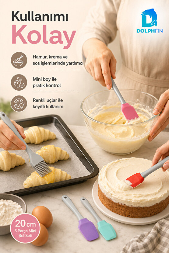 5’li Mini Şef Seti 20 cm Silikon Spatula Fırça Mutfak Yardımcı Pasta Hamur Seti