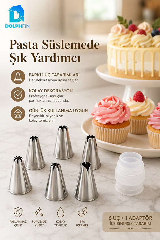 Krema Torbası Duy Seti 6 Uç 1 Adaptör Paslanmaz Çelik Pasta Cupcake Süsleme Ucu