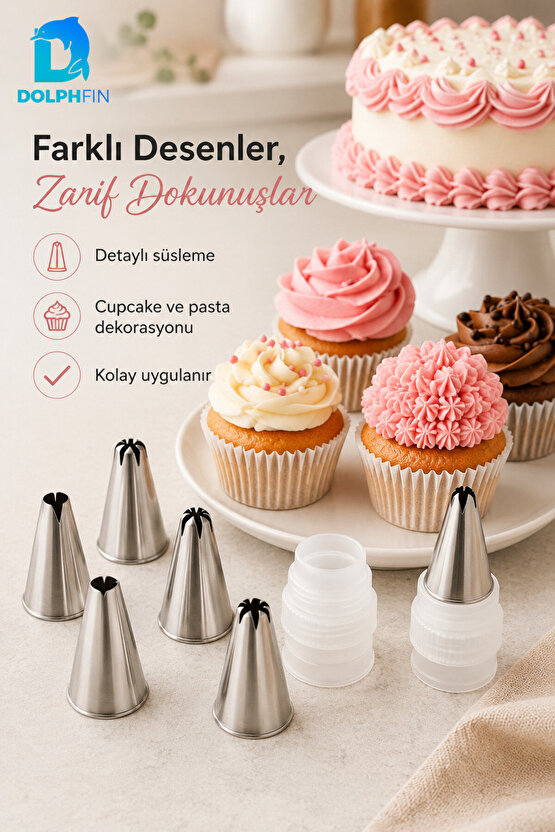 Krema Torbası Duy Seti 6 Uç 1 Adaptör Paslanmaz Çelik Pasta Cupcake Süsleme Ucu