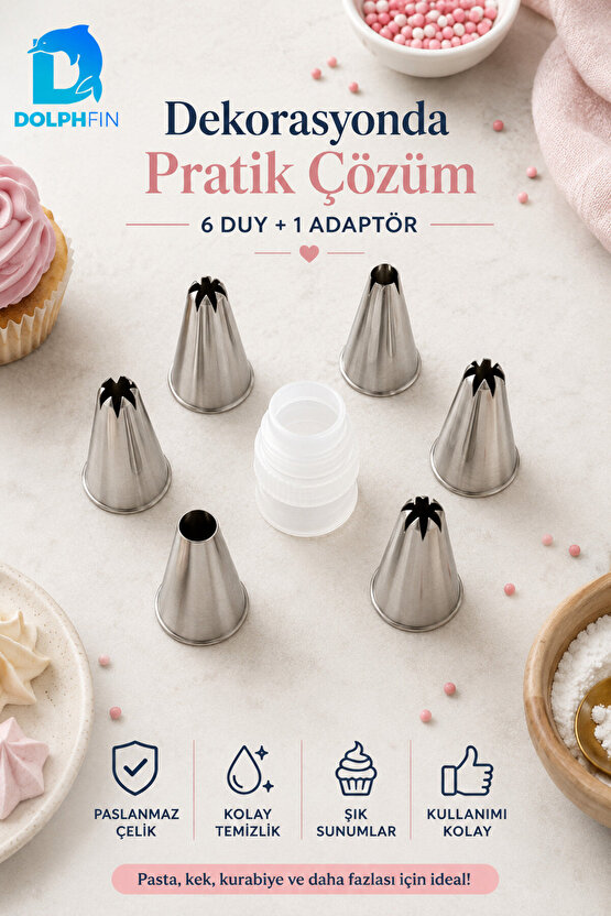 Krema Torbası Duy Seti 6 Uç 1 Adaptör Paslanmaz Çelik Pasta Cupcake Süsleme Ucu