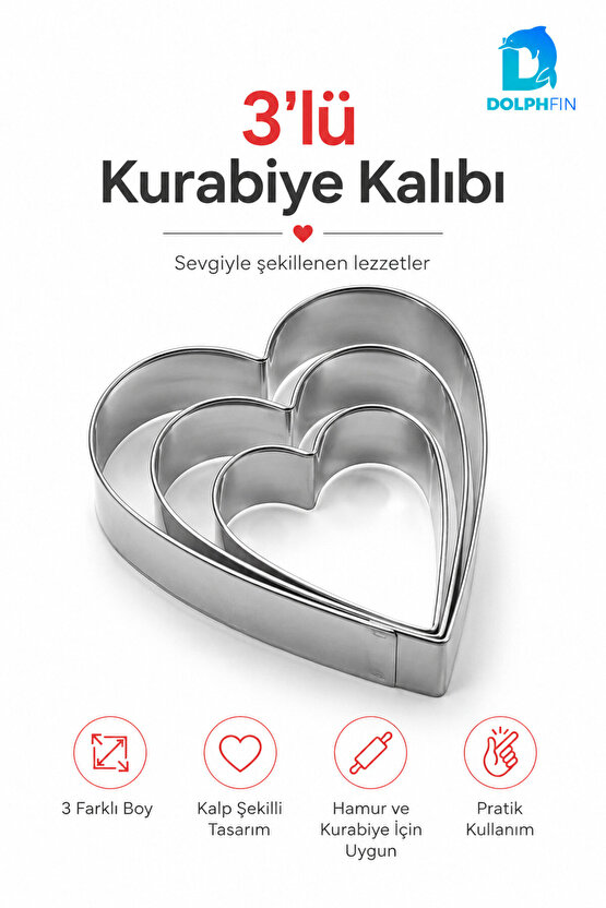 Kalp Kurabiye Kalıbı 3’lü Metal Hamur Kesici Paslanmaz Kalp Şekilli Kalıp Seti