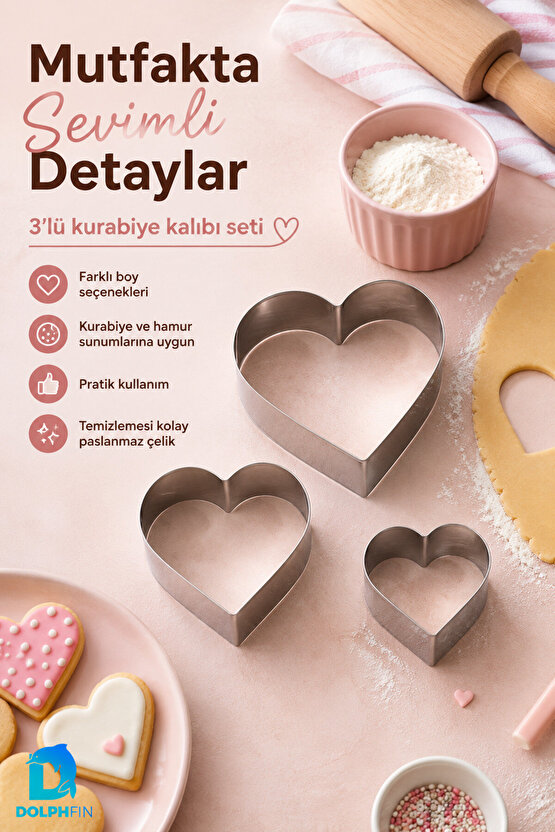 Kalp Kurabiye Kalıbı 3’lü Metal Hamur Kesici Paslanmaz Kalp Şekilli Kalıp Seti