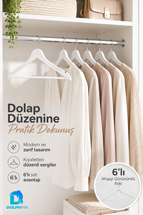 Beyaz Ahşap Görünümlü Elbise Askısı 6’lı Plastik Kıyafet Askısı Dolap İçi Gardırop Düzenleyici 44x22 cm