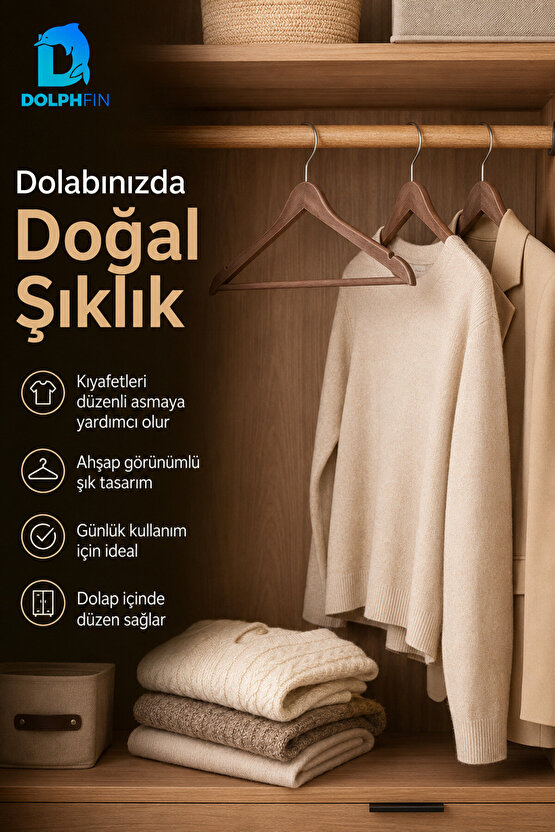 Ahşap Görünümlü Elbise Askısı 3’lü Plastik Kıyafet Askısı Dolap İçi Gardırop Düzenleyici 44x22 cm