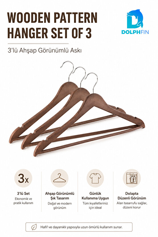 Ahşap Görünümlü Elbise Askısı 3’lü Plastik Kıyafet Askısı Dolap İçi Gardırop Düzenleyici 44x22 cm