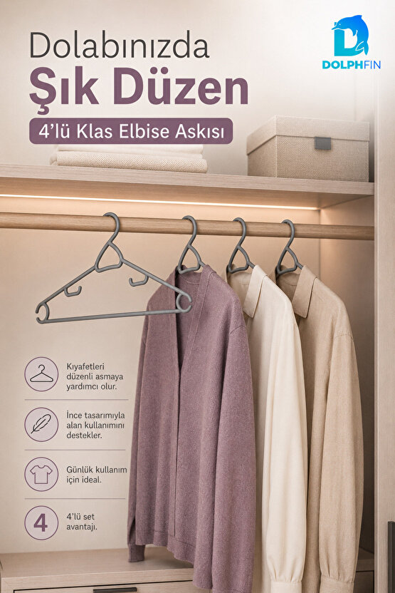 Klas Elbise Askısı 4’lü Plastik Kıyafet Askısı Dolap İçi Gardırop Düzenleyici 38x19 cm