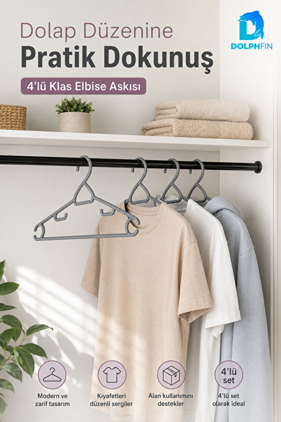Klas Elbise Askısı 4’lü Plastik Kıyafet Askısı Dolap İçi Gardırop Düzenleyici 38x19 cm