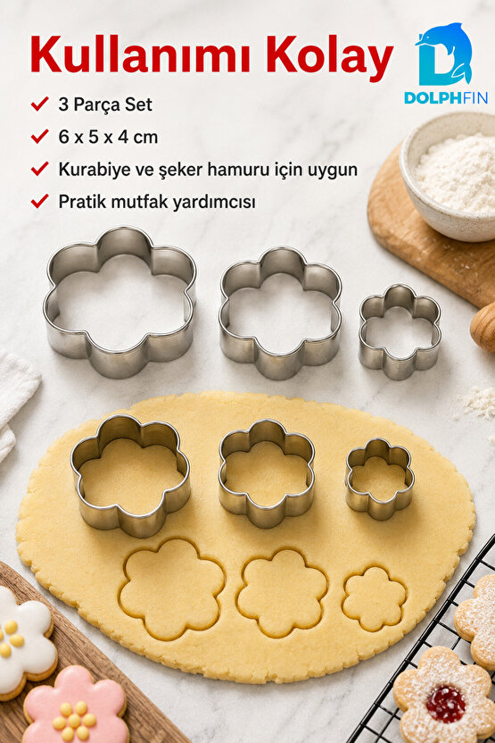 Çiçek Kurabiye Kalıbı 3’lü Metal Hamur Kesici Şeker Hamuru Kalıbı Seti 6 5 4 cm