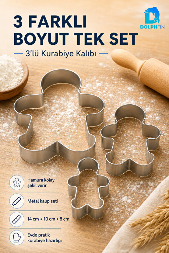 3’lü Metal Kurabiye Kalıbı Adam Figürlü 14-10-8 cm Paslanmaz Kurabiye Hamur Kesici Set