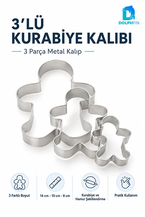 3’lü Metal Kurabiye Kalıbı Adam Figürlü 14-10-8 cm Paslanmaz Kurabiye Hamur Kesici Set