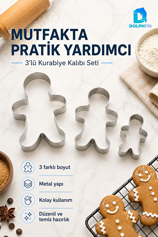 3’lü Metal Kurabiye Kalıbı Adam Figürlü 14-10-8 cm Paslanmaz Kurabiye Hamur Kesici Set
