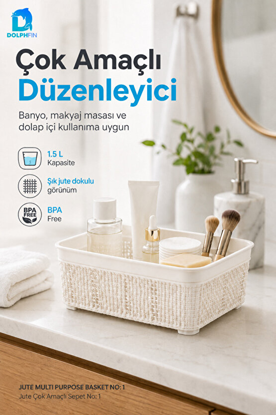 Jute Çok Amaçlı Sepet No:1 1,5 L Plastik Saklama Düzenleme Sepeti 18,5x13x6,5 cm