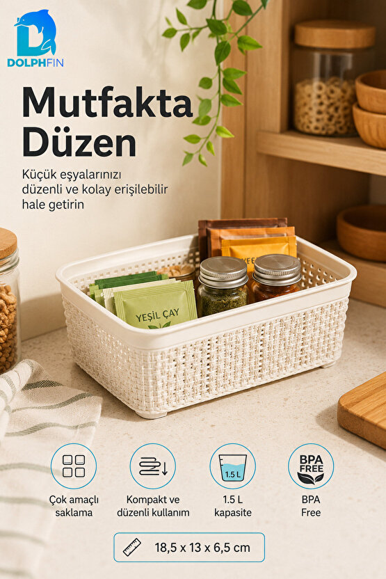 Jute Çok Amaçlı Sepet No:1 1,5 L Plastik Saklama Düzenleme Sepeti 18,5x13x6,5 cm