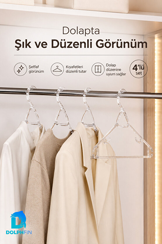 Klas Kristal Elbise Askısı 4’lü Şeffaf Plastik Dolap İçi Kıyafet Askısı Düzenleyici