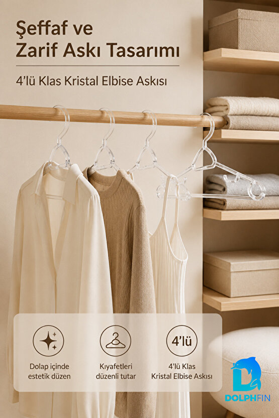 Klas Kristal Elbise Askısı 4’lü Şeffaf Plastik Dolap İçi Kıyafet Askısı Düzenleyici
