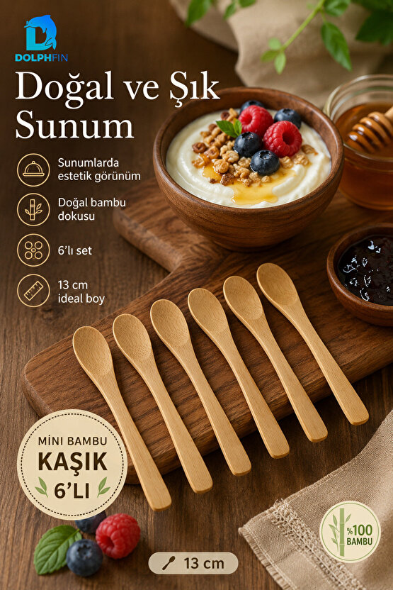 Mini Bambu Kaşık 6’lı Set 15 cm Doğal Bambu Tatlı Reçel Bal Baharat Sunum Kaşığı